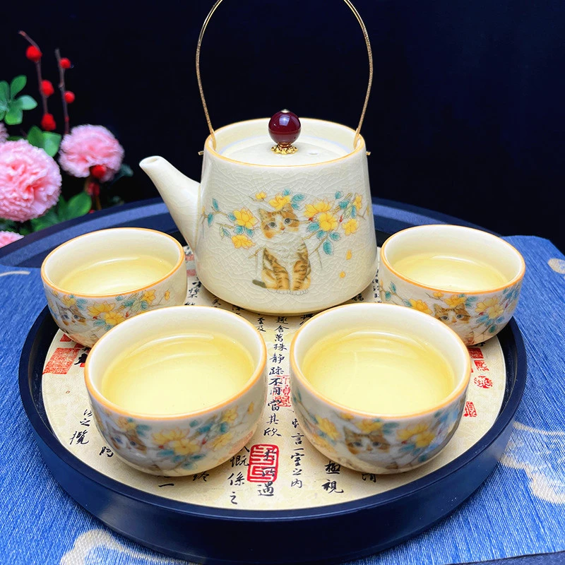 黄色哥窑猫咪手工西施壶陶瓷茶具家用冰裂纹设计
