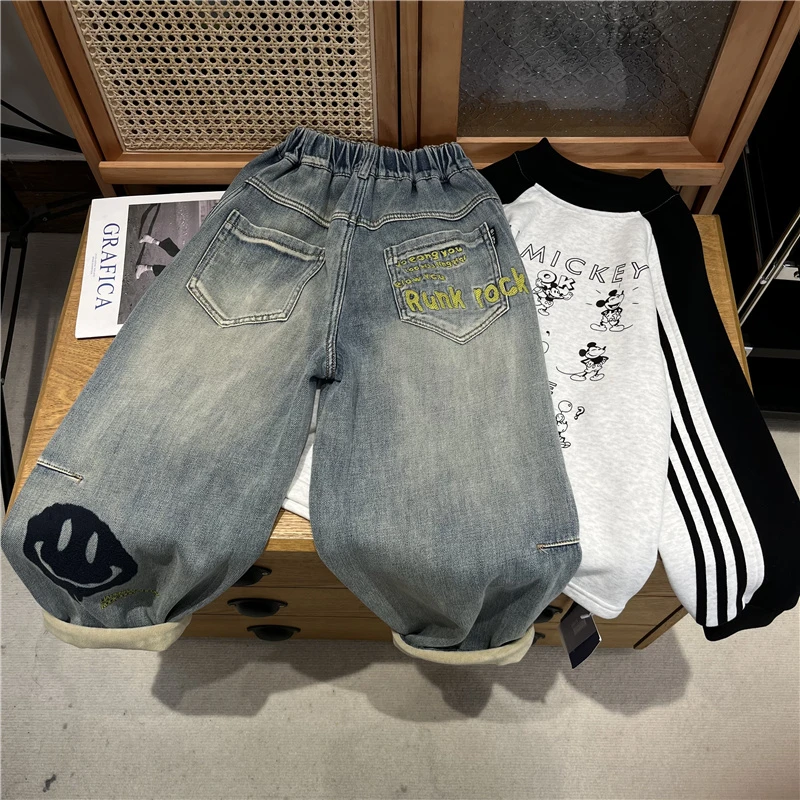 吴小越w897男童加绒牛仔裤冬款刺绣年货痞帅男孩冬新款韩版长裤