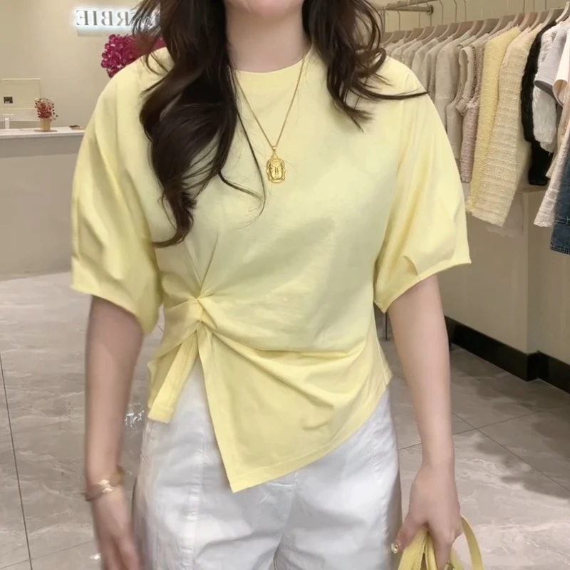 夏季韩系设计感褶皱显瘦短袖纯色百搭T恤LK2502706
