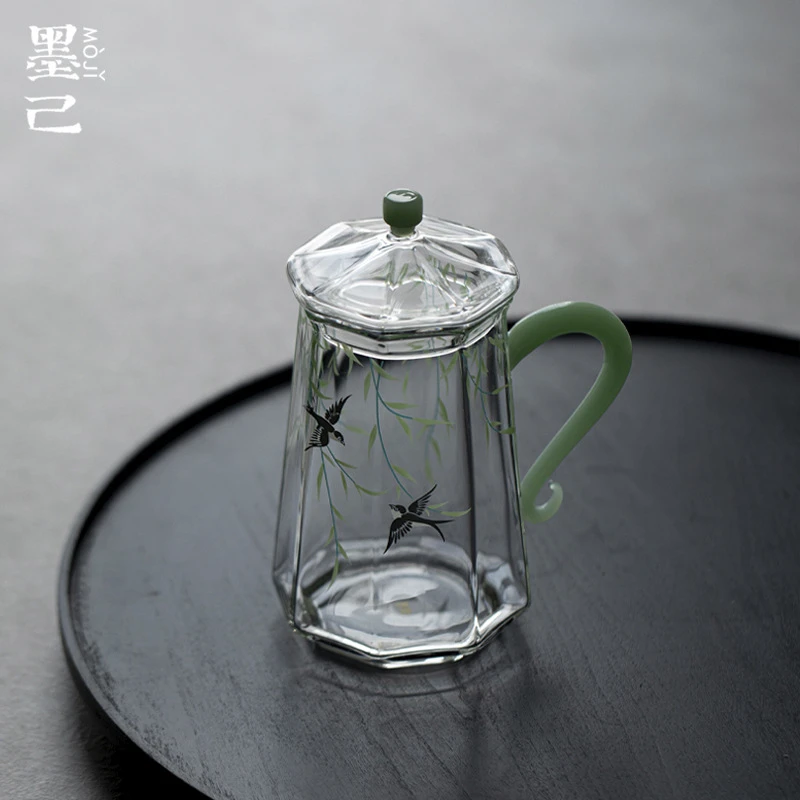 墨己瑞璃玻璃带盖绿茶水杯透明高硼硅花茶杯手把高颜值喝水杯子