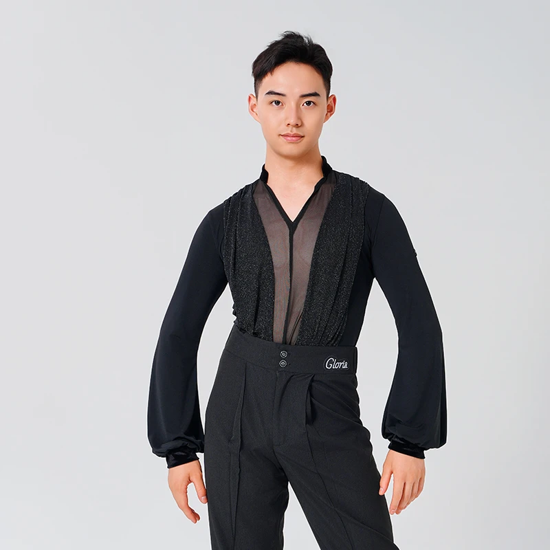 歌瑞亚舞服男士拉丁舞服训练功服网纱V领灯笼长袖上衣练功考级服