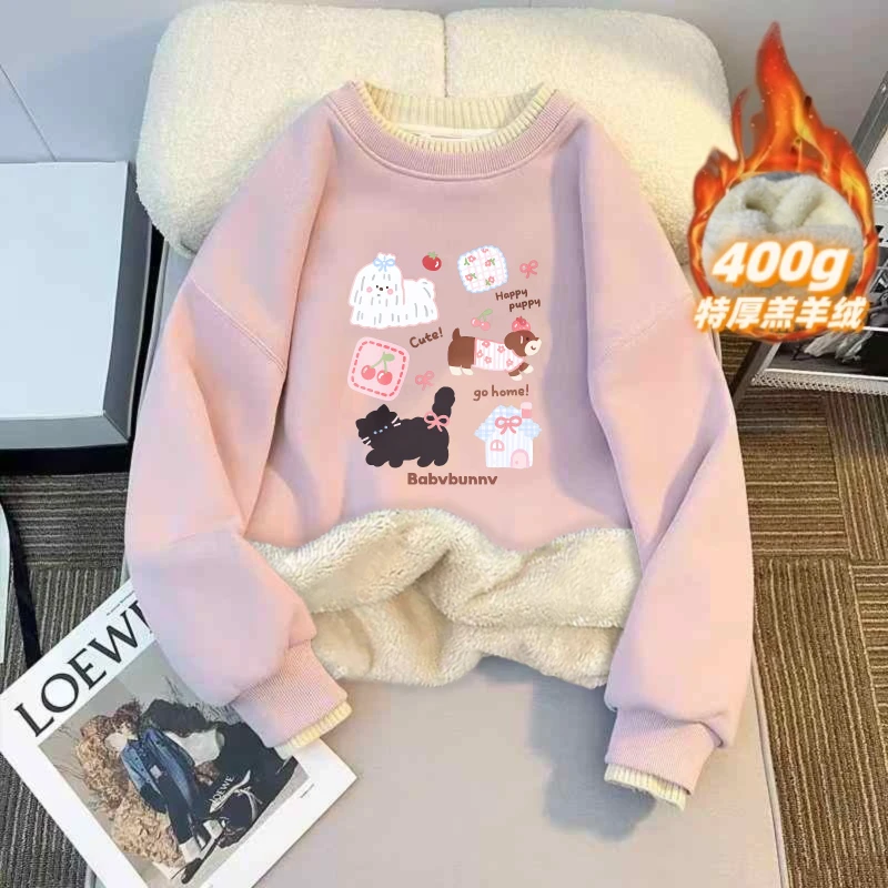 女童卫衣秋冬加绒加厚假两件上衣中大童卡通衣女童假两件加绒卫衣