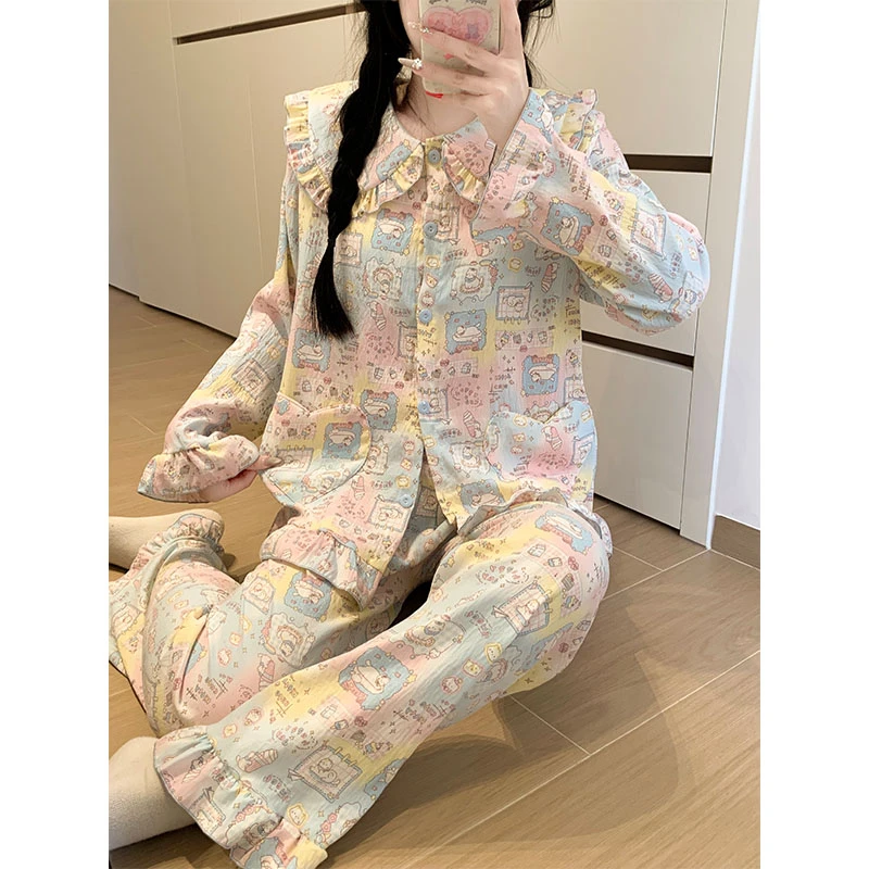 Meng luan/梦鸾娃娃领卡通睡衣女士春秋款长袖带胸垫可外穿家居服