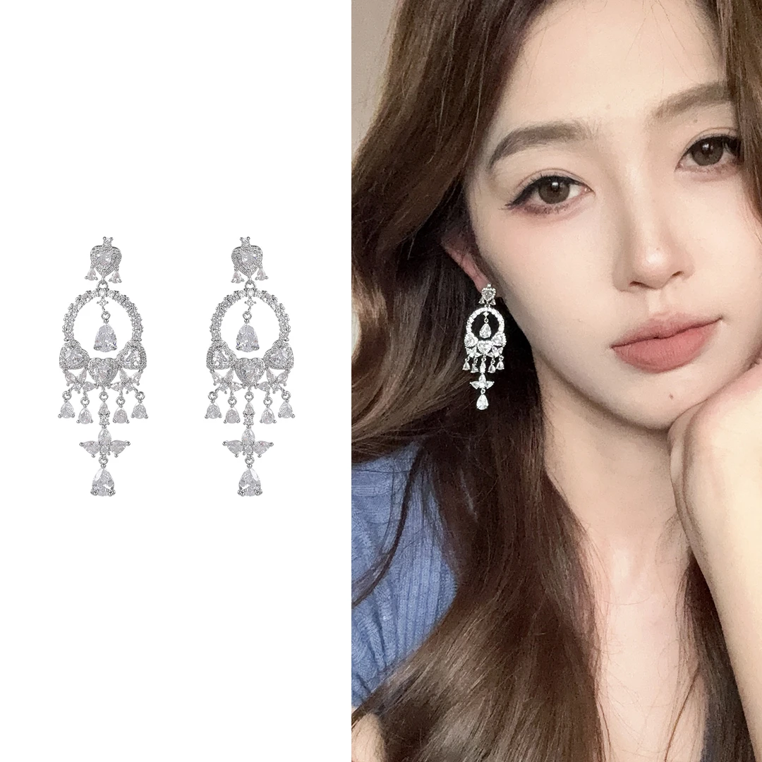 oushipei/欧诗佩 铜合金合成锆石耳饰 复古宫廷风满钻流苏耳环女