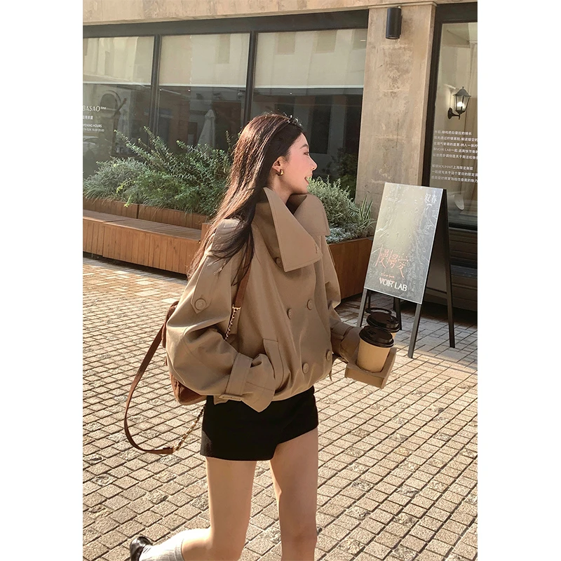 2025新款秋季韩系卡其色立领风衣女设计感宽松气质双排扣夹克上衣