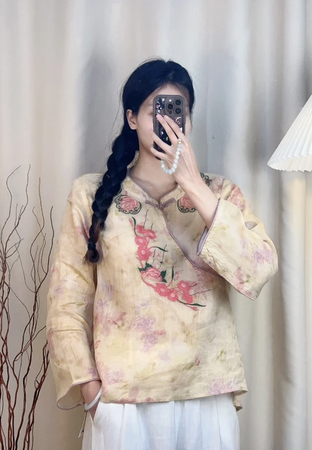 新中式宽松苎麻小衫刺绣圆领碎花长袖上衣8006-2 肩40胸110长60