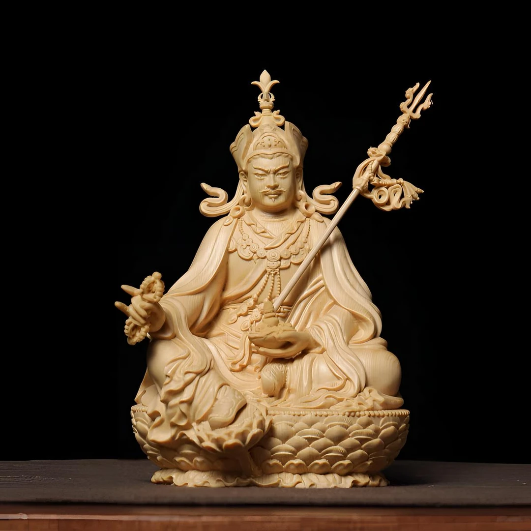 桧木精雕刻藏佛密宗莲花生大士佛像供奉摆件家居装饰品实木工艺品