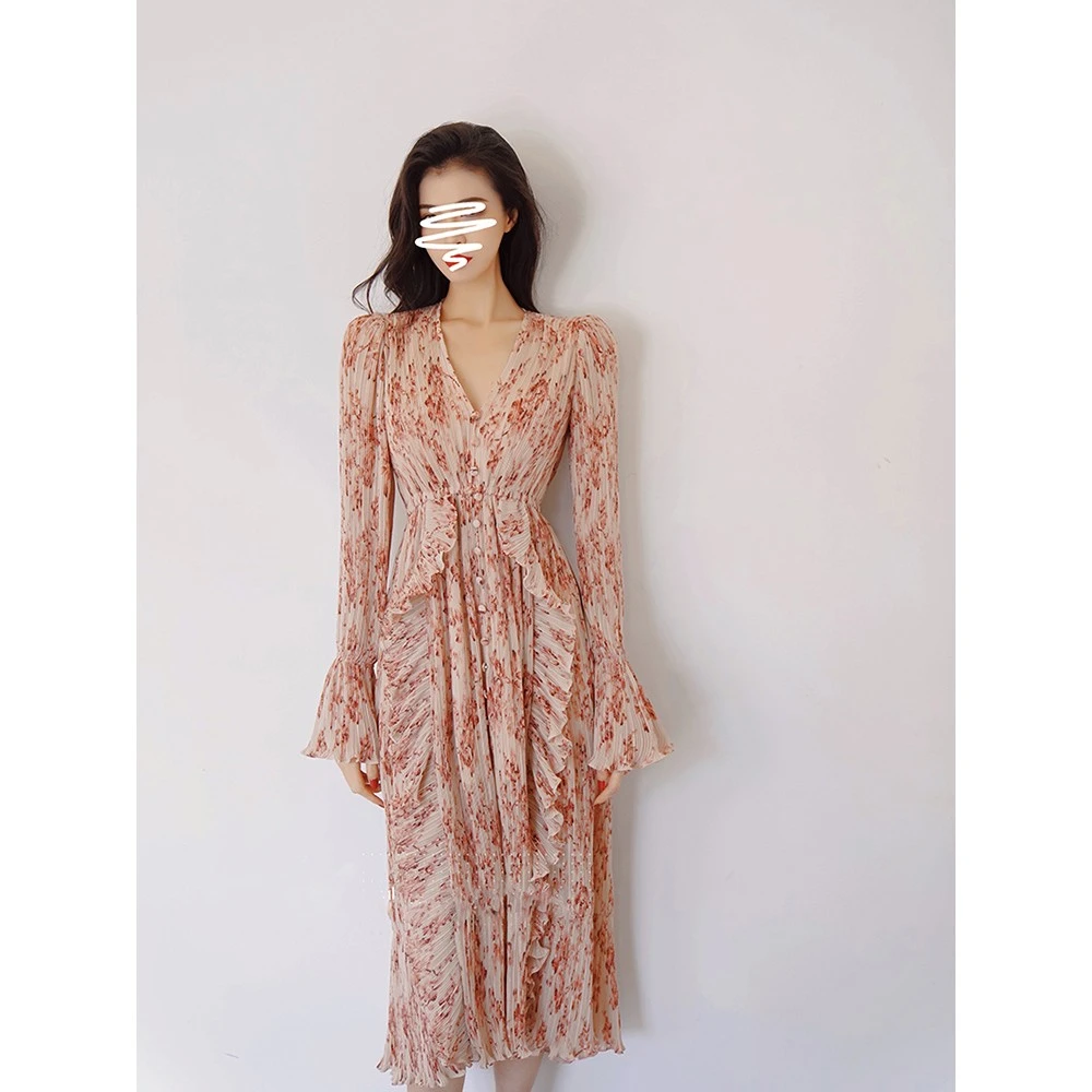 轻熟御姐小香风绝美碎花裙早秋2025年新款褶皱设计艺术感连衣裙