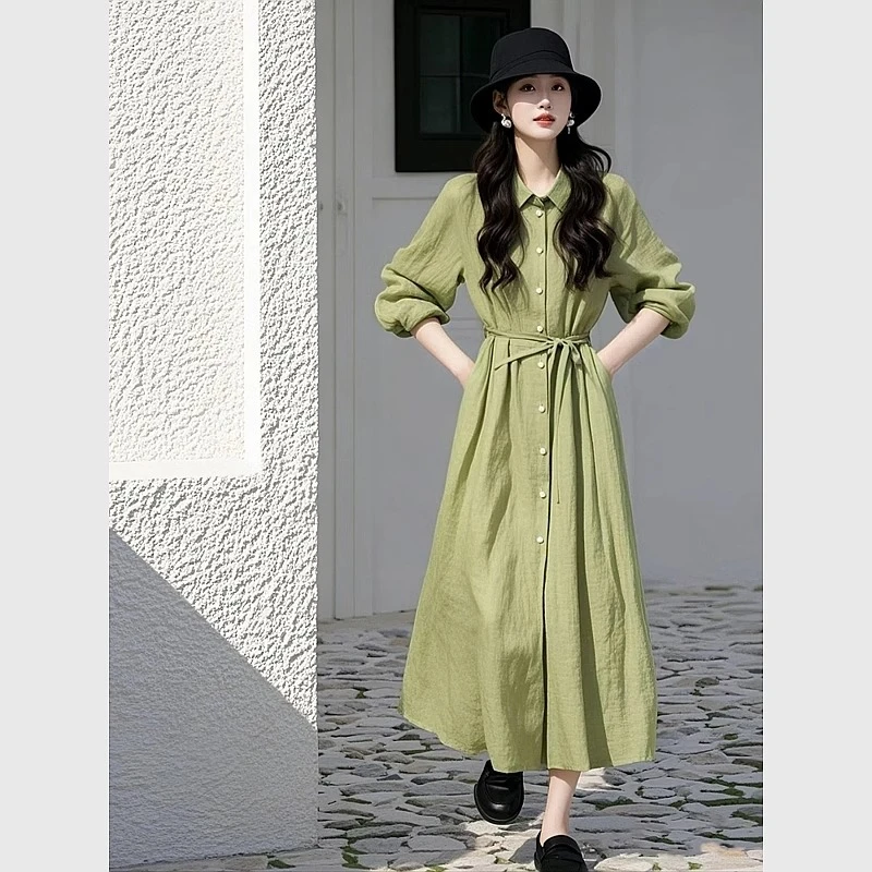 2025超火独特漂亮初春裙子法式高级感气质绝美收腰绿色衬衫连衣裙