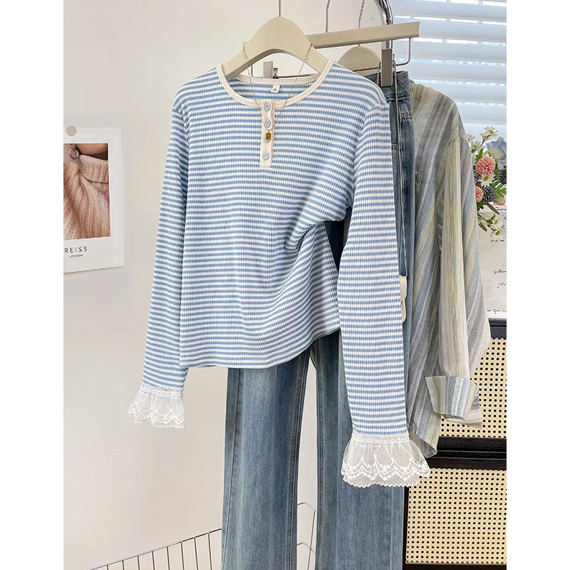 早秋韩系慵懒松弛感圆领长袖T恤高级感别致气质撞色条纹圆领上衣