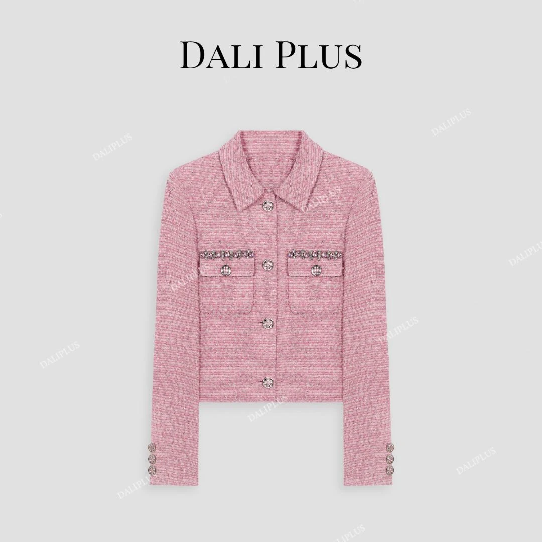 DALI PLUS精致法式轻奢镶钻桃粉色小香风粗花呢外套-D5SS7022