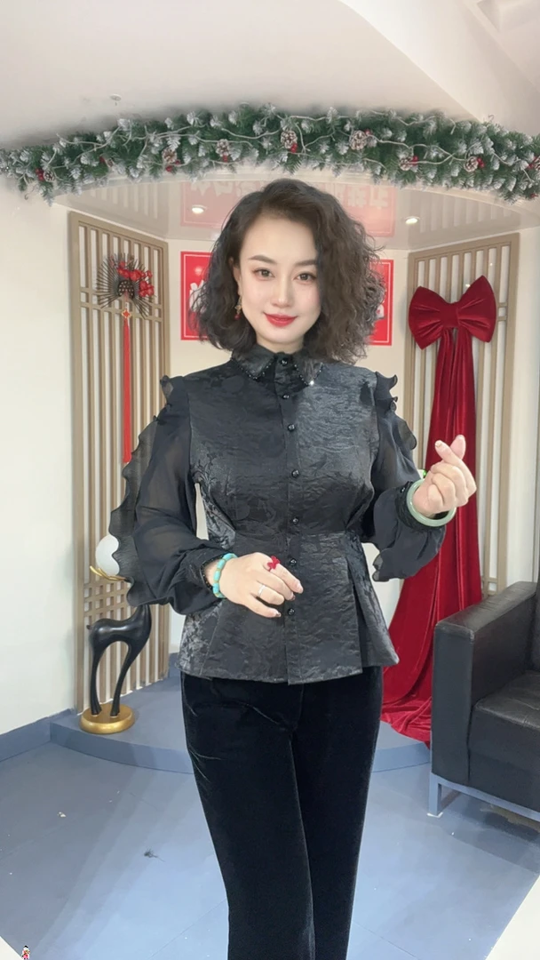 【流光锦】时尚显瘦设计感缝珠掐褶扉边袖提花翻领缝珠衬衫女6097