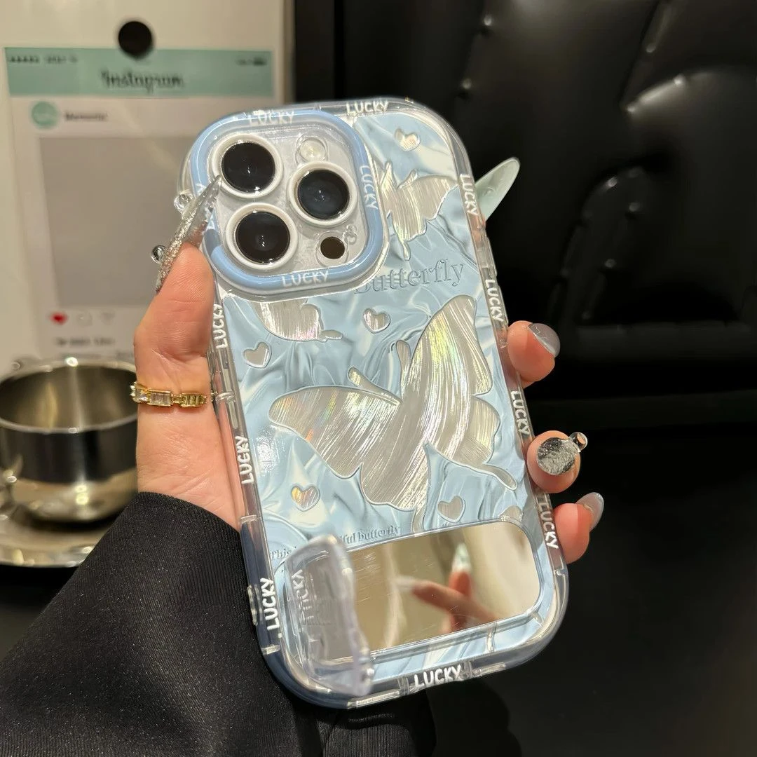 蓝色蝴蝶镜子支架适用苹果15/16promax手机壳vivo华为oppo小米14