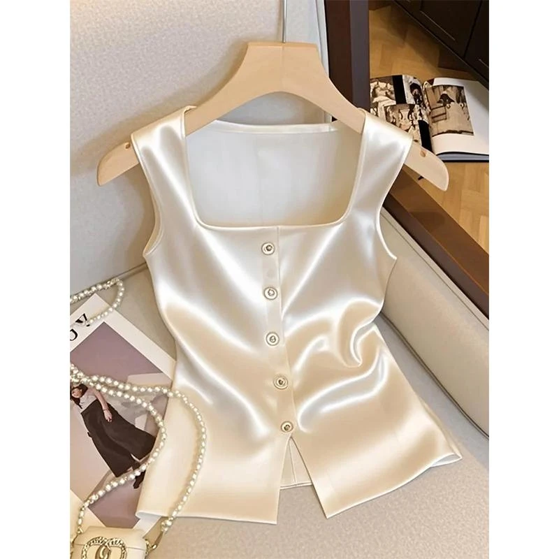 小香风方领纽扣缎面无袖背心吊带女夏季时尚通勤白色上衣法式小衫