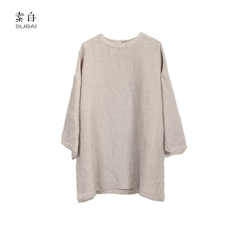 素白【云衫】亚麻极简宽松经典格子圆领套头上衣SB2501CP01084
