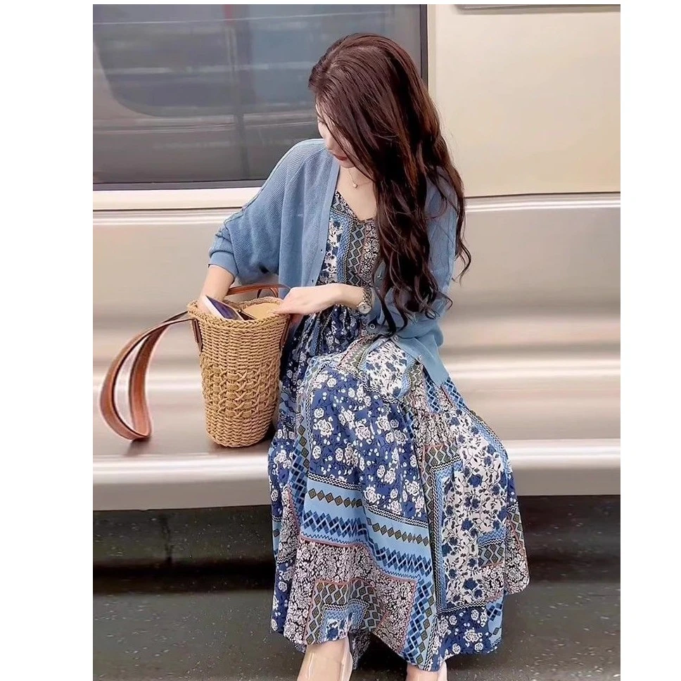 春季穿搭一整套2025新款洋气针织开衫女搭配波米西亚碎花裙两件套