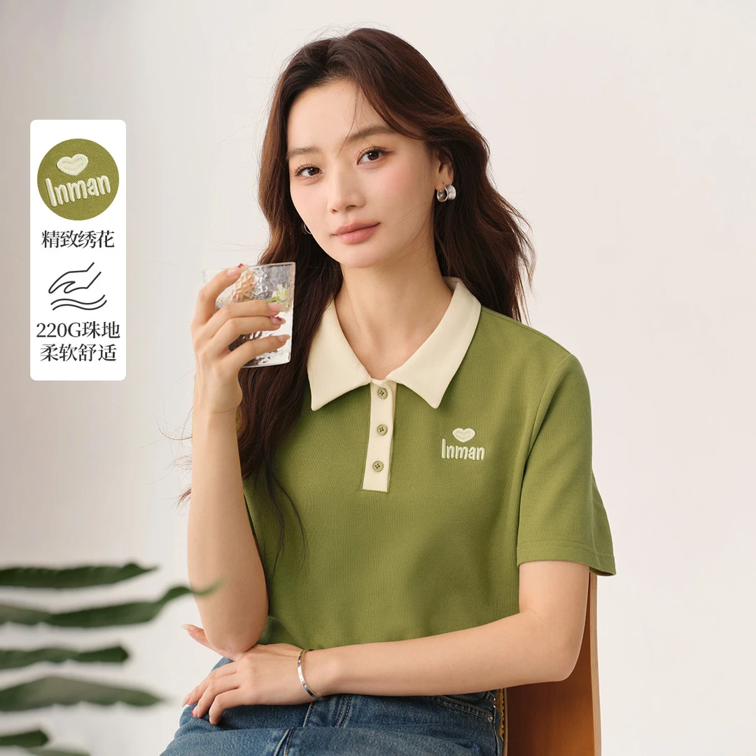 茵曼2025夏季新款女T恤短袖衣刺绣休闲肩上正时尚爆款领瘦POLO