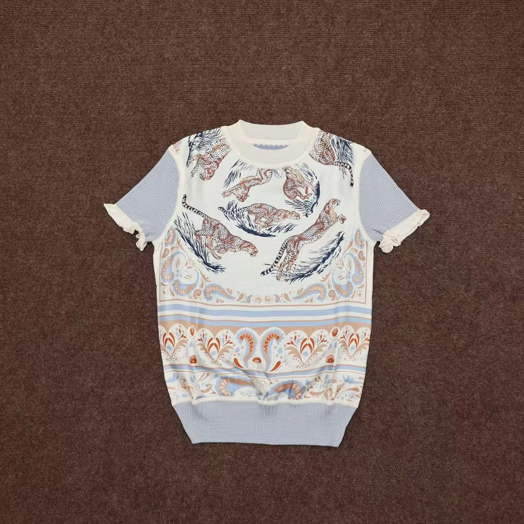 【晨老板】N【一叶豹富】时尚豹子圆领短袖针织上衣69257012