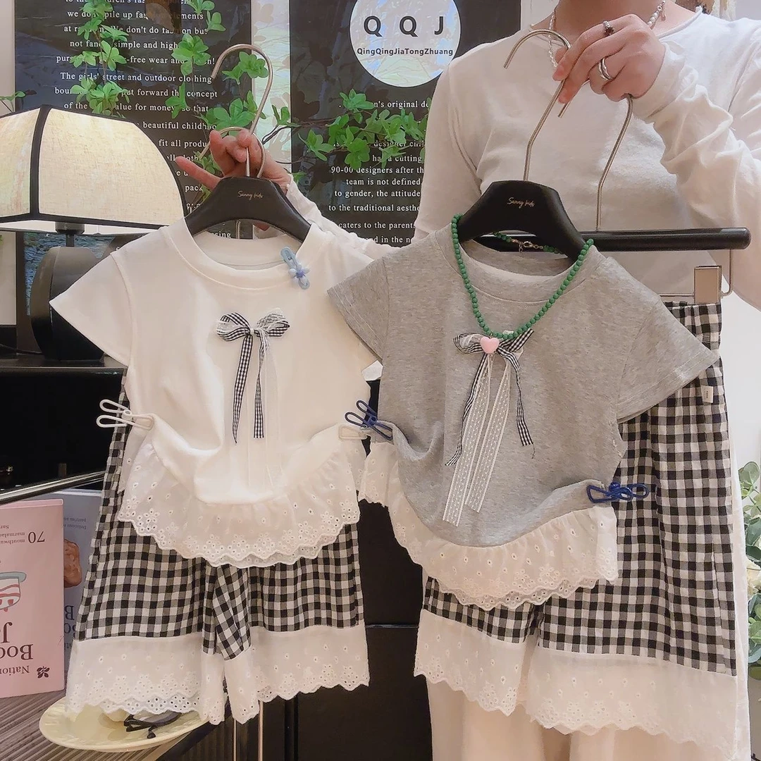 新款女童港风夏季a类韩版洋气潮流短袖爆款阔腿裤款格子两件套