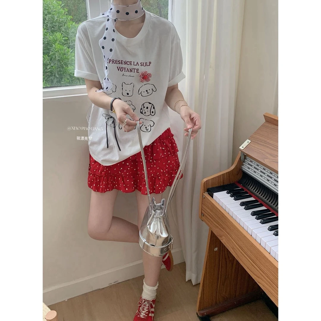 韩系夏季新款薄款上衣短袖卡通印花休闲减龄百搭女T恤衫1228#0.1