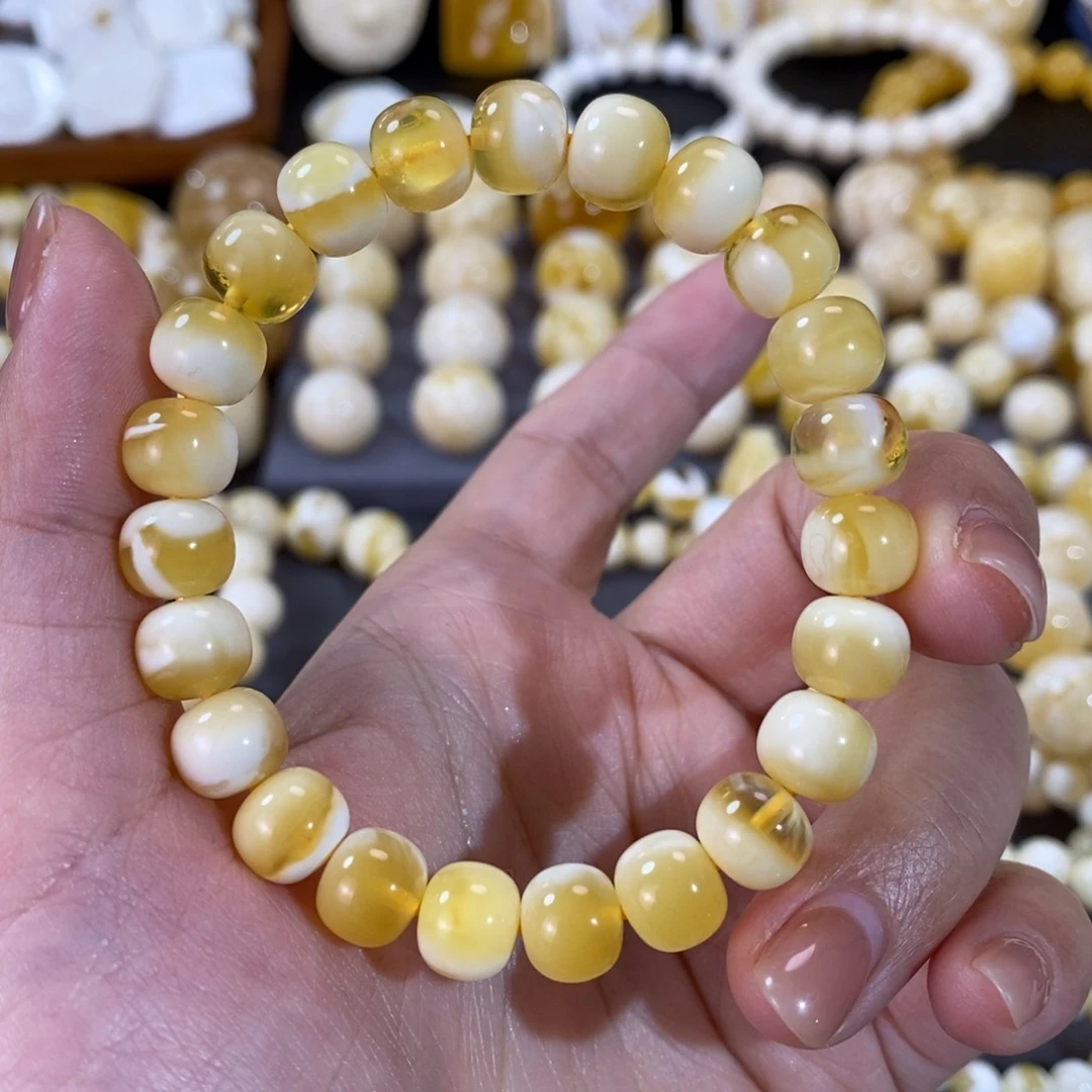 蜜蜡手串未镶嵌9.2mm金白妖花手串