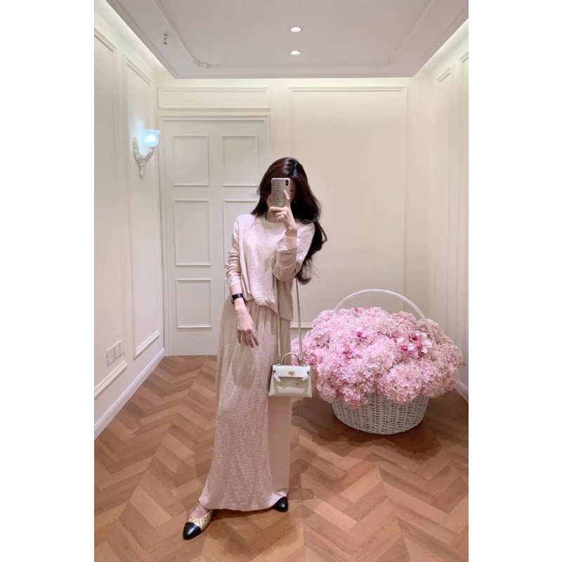 韩系气质简约设计感圆领休闲长袖上衣秋季温柔风百搭显瘦半身裙潮