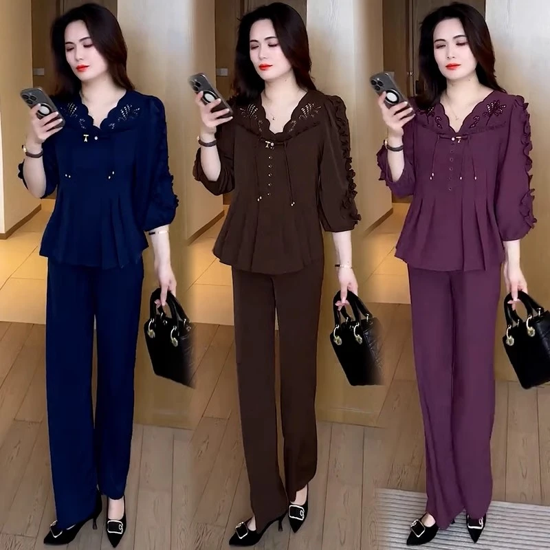 时尚套装女2025夏季新款洋气显瘦减龄长袖V领衬衫阔腿裤两件套潮