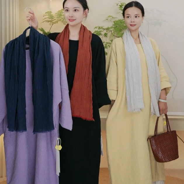 七初棉麻布衣 秋冬款圆领提花长款袍子