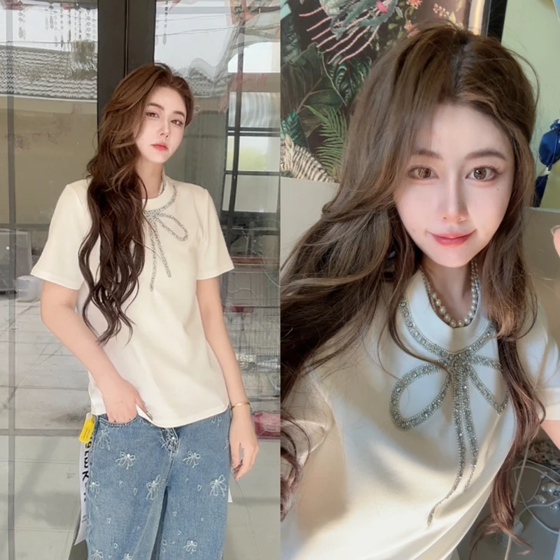 【春日絮语】62372领口水钻蝴蝶结短袖T恤