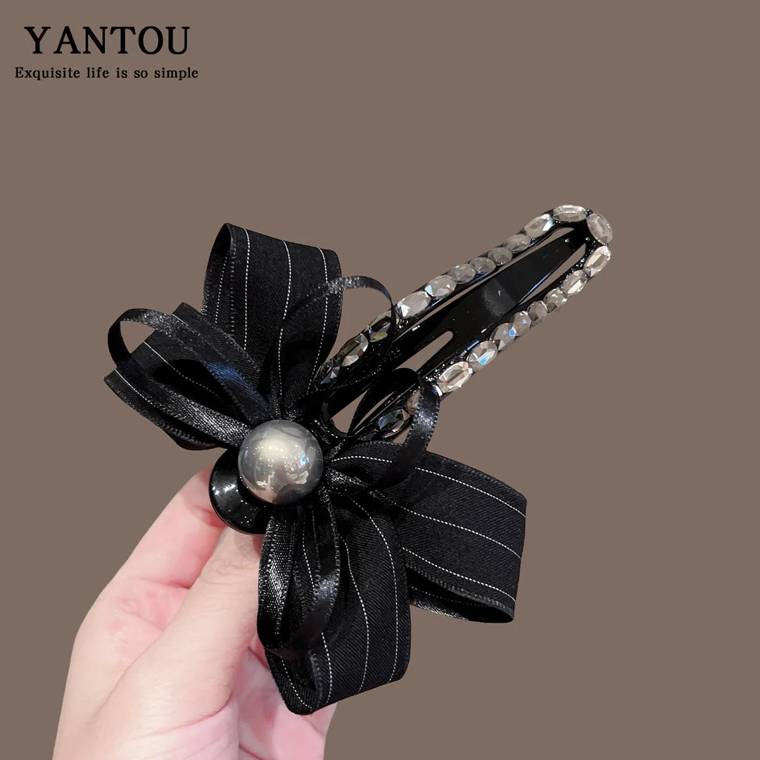 韩国东大门新款水钻蝴蝶结发夹一字夹前额刘海夹侧边夹黑色鸭嘴夹