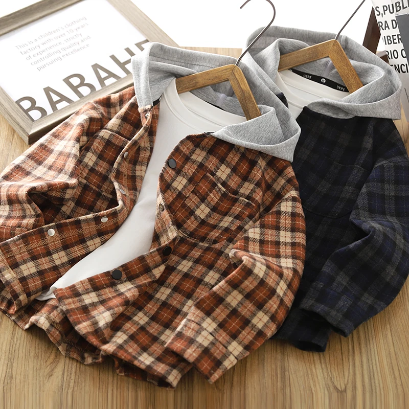 男童格子衬衫春装2025新款儿童连帽薄款外套春秋季中大童长袖衬衣