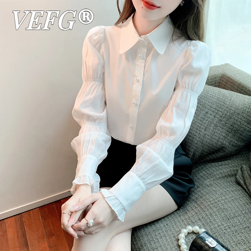 VEFG秋装白色灯笼袖衬衫女装2025年新款法式上衣时尚衬衫设计感潮