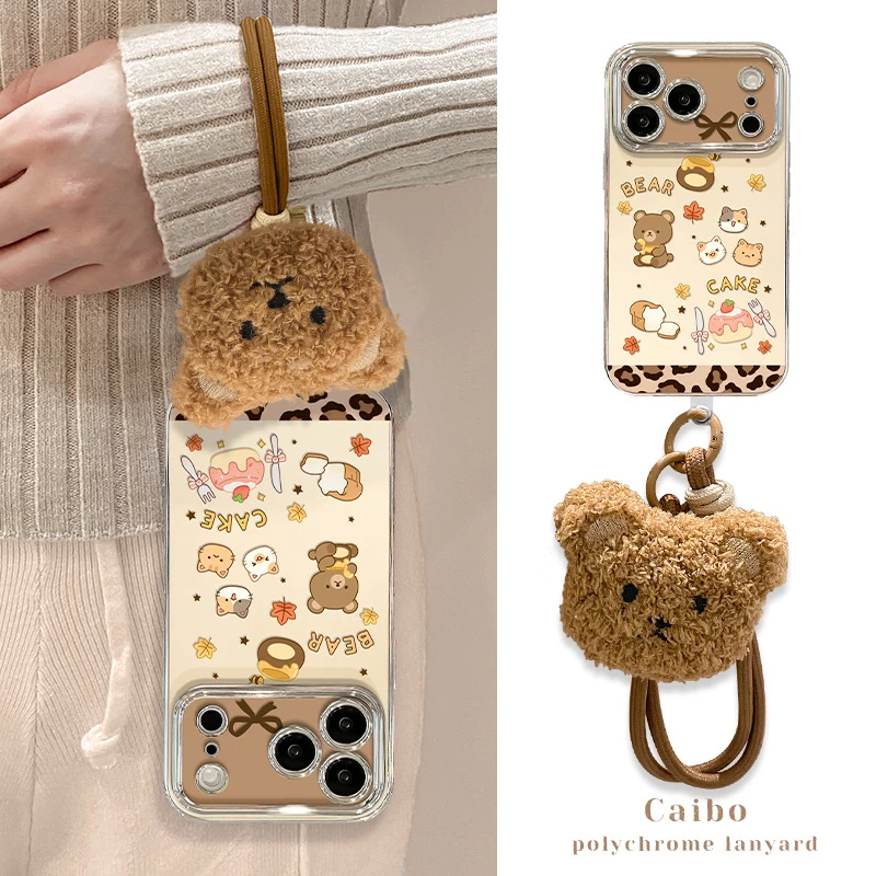 甜品小熊公仔挂绳适用15promax手机壳17air电镀视窗16新女款毛绒