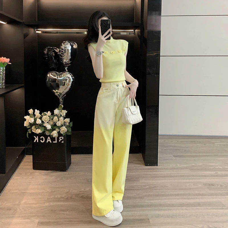 法式气质感立体花朵短袖针织衫女时尚渐变多巴胺牛仔裤女春秋新款