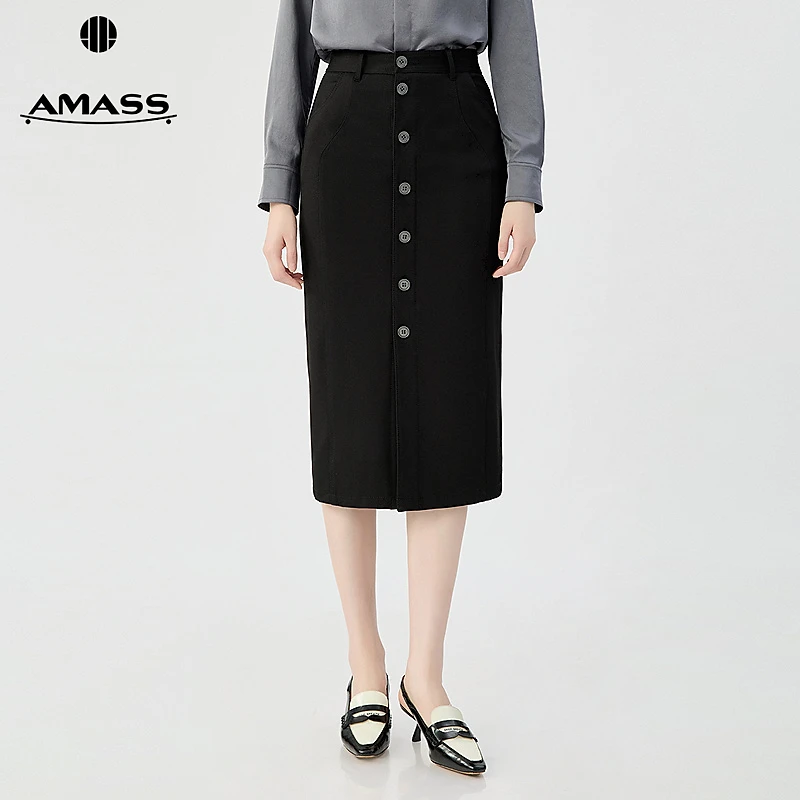 阿玛施AMASS 时尚女装简约百搭一排扣中腰包裙长款半身裙520011