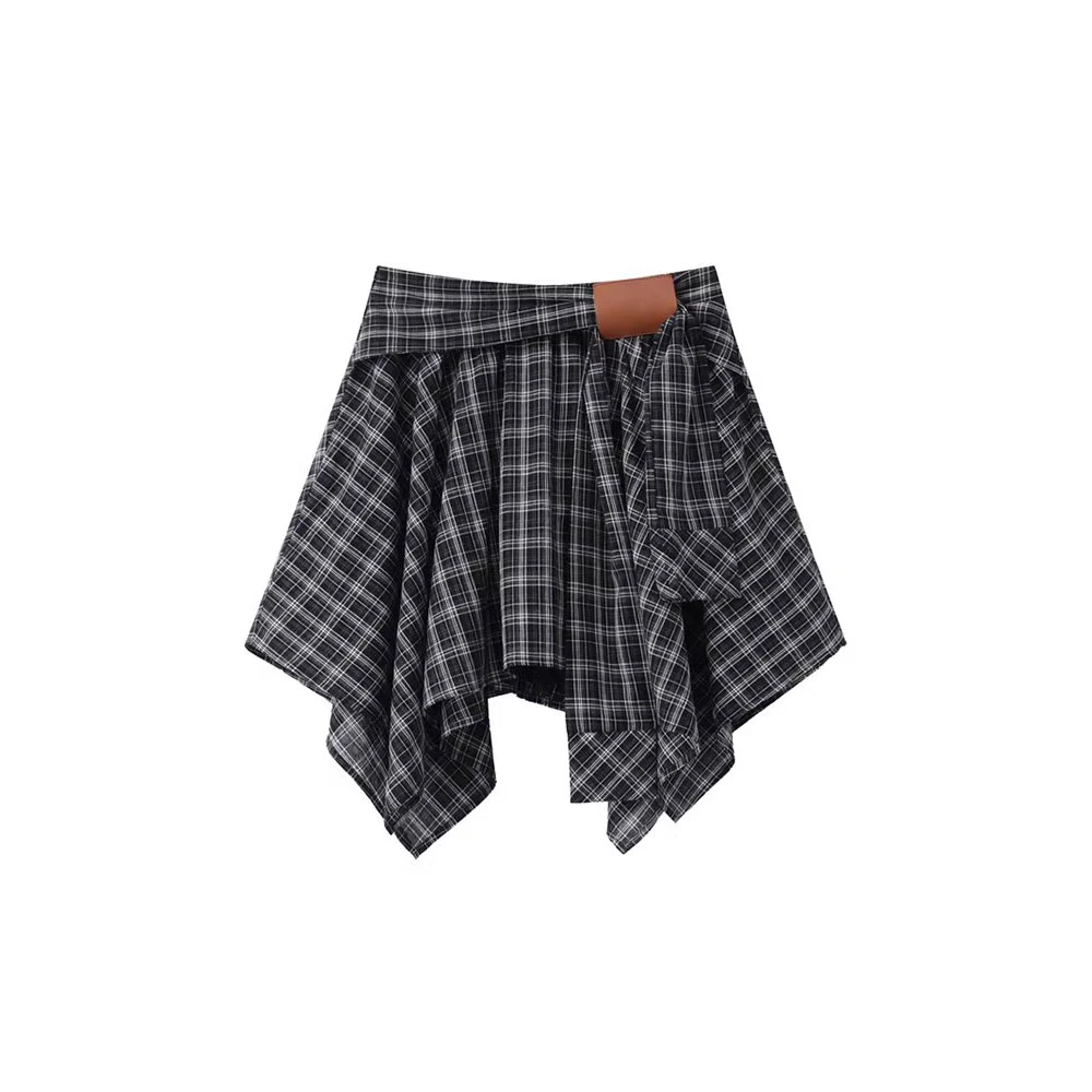 格子半身裙设计高腰显瘦复古百搭短裙腰牌不规则蓝纹夏季格纹