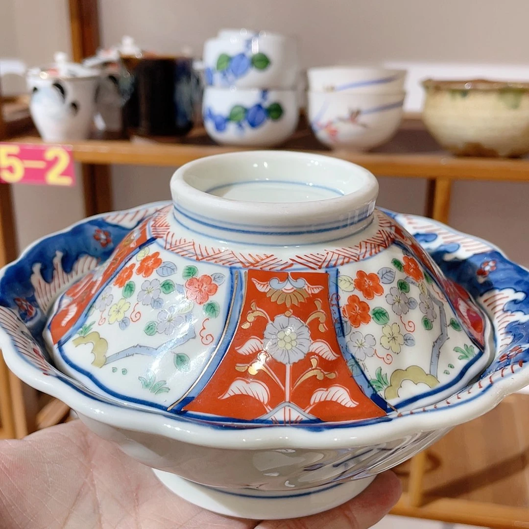 暗刻良峰底款青瓷手捏胎内外满手绘釉下青花赤绘金彩大盖碗从