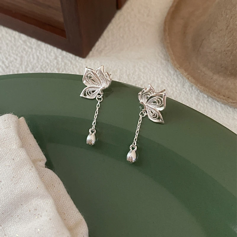 足银耳饰 999足银流苏镂空蝴蝶耳钉女新中式小众轻奢耳环气质耳饰