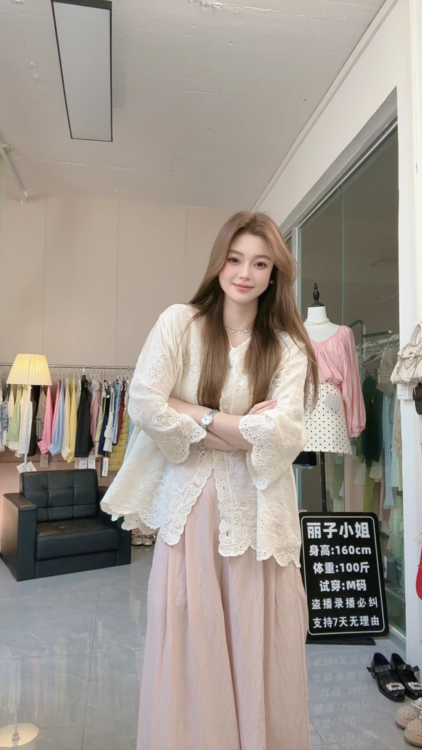 韩系蕾丝提花刺绣七分袖衬衫女夏巨好看时尚减龄宽松别致上衣5877