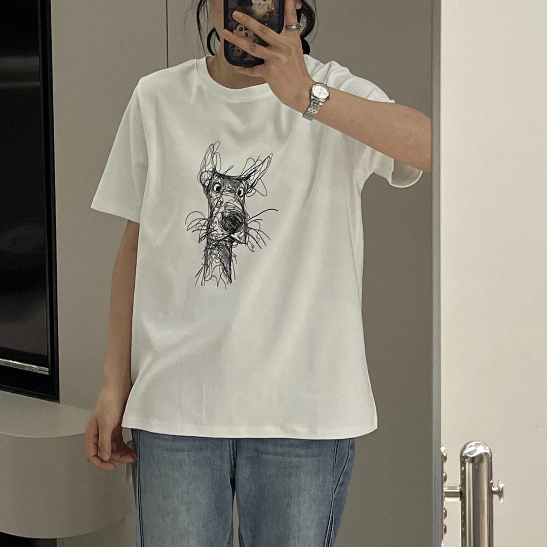 【吾禧】简笔画小狗印花圆领短袖T恤白色宽松休闲百搭夏季女学生T