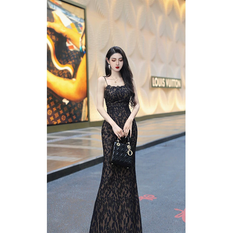 尤克菲儿  原创轻奢高定显瘦蕾丝名媛裙复古气质优雅吊带连衣裙