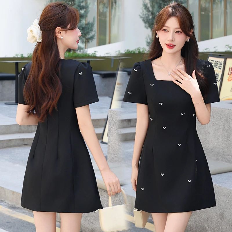 夏季休闲潮流小香风2025连衣裙裙子收腰短款气质黑色修身时尚显瘦