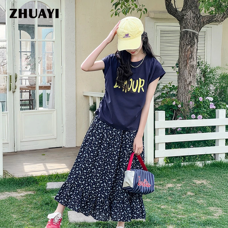 朱阿姨2025夏季女童短袖【抽褶上衣+碎花半裙】两件套装（25217353）