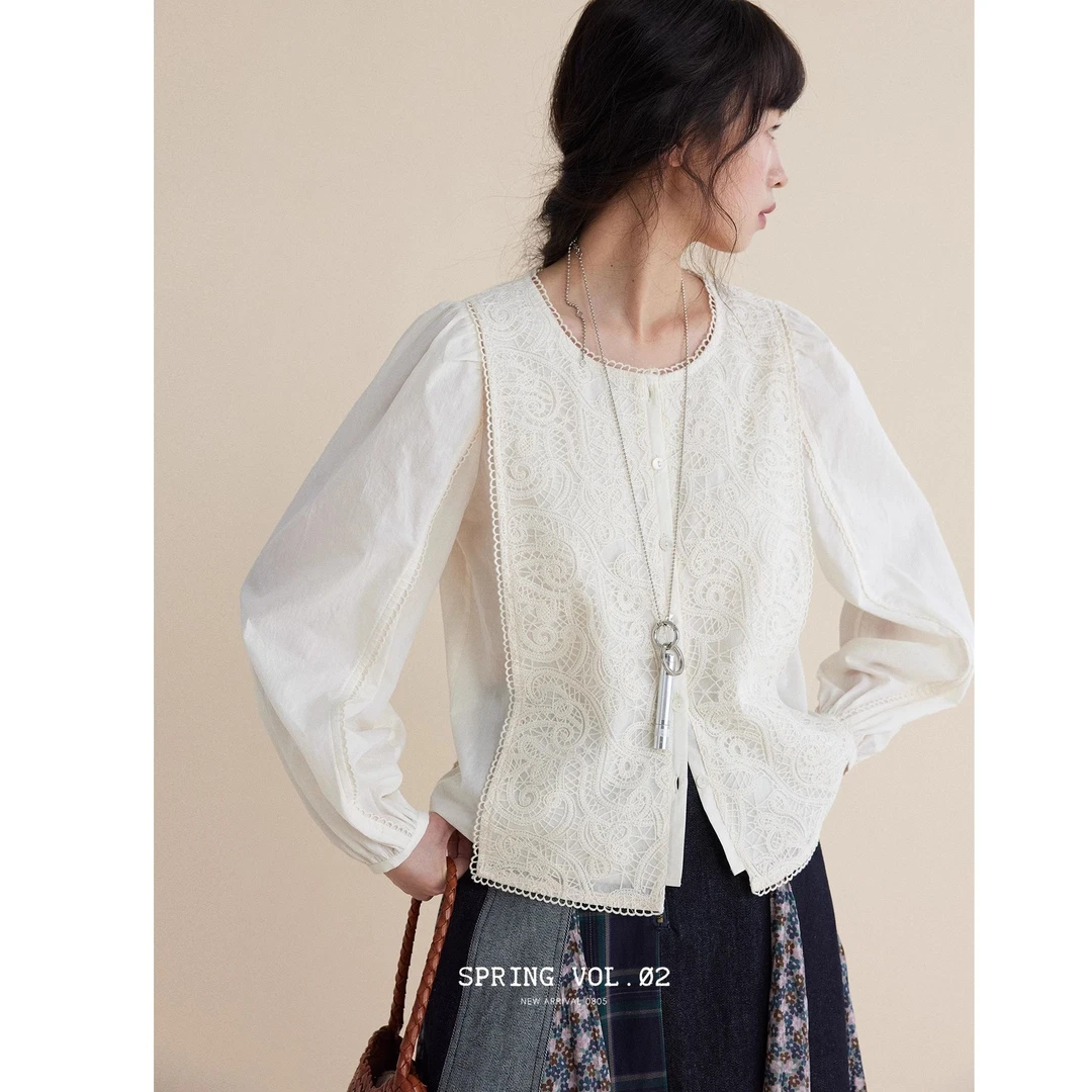 「白描工作间」"珐琅诗社"重工镂空满绣法式泡泡袖白色衬衫衬衣女