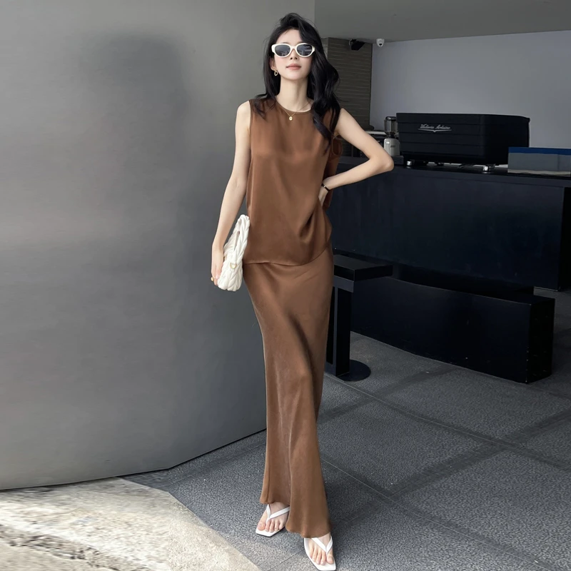 【栖谷】原创高级感25春夏新款铜氨丝无袖背心半裙气质小众时尚套装