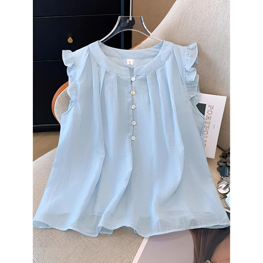 女童衬衣夏季法式木耳边无袖中大童衬衫2025新款圆领压褶儿童上衣