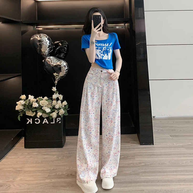 女装夏装套装2025新款爆款时尚字母印花短袖T恤小鱼印花牛仔裤潮