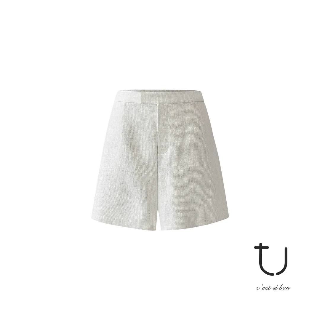 TU女装 织锦 25秋 苎麻老钱风短裤 高腰慵懒百搭简约松弛感休闲裤