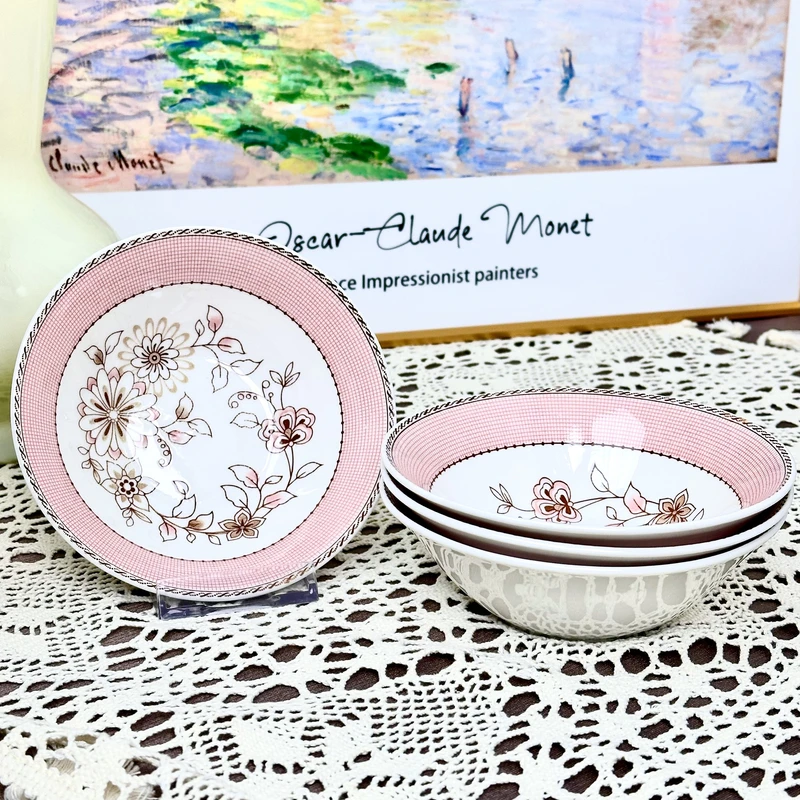 釉下彩粉格小花斗碗餐具陶瓷家用6英寸2个装