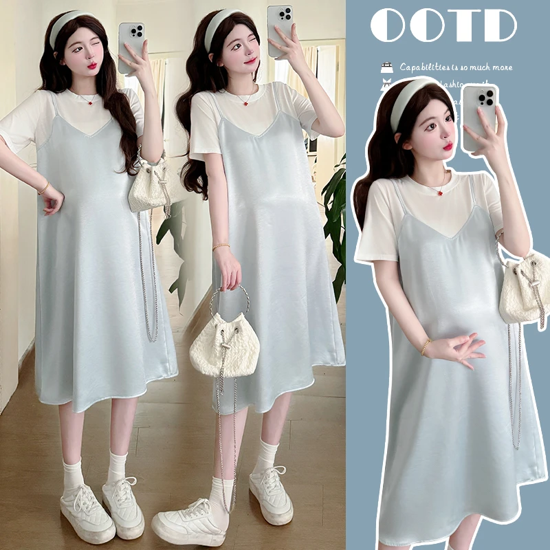 孕妇中长款连衣裙2025新款韩版宽松假两件吊带裙坠感裙子高级感